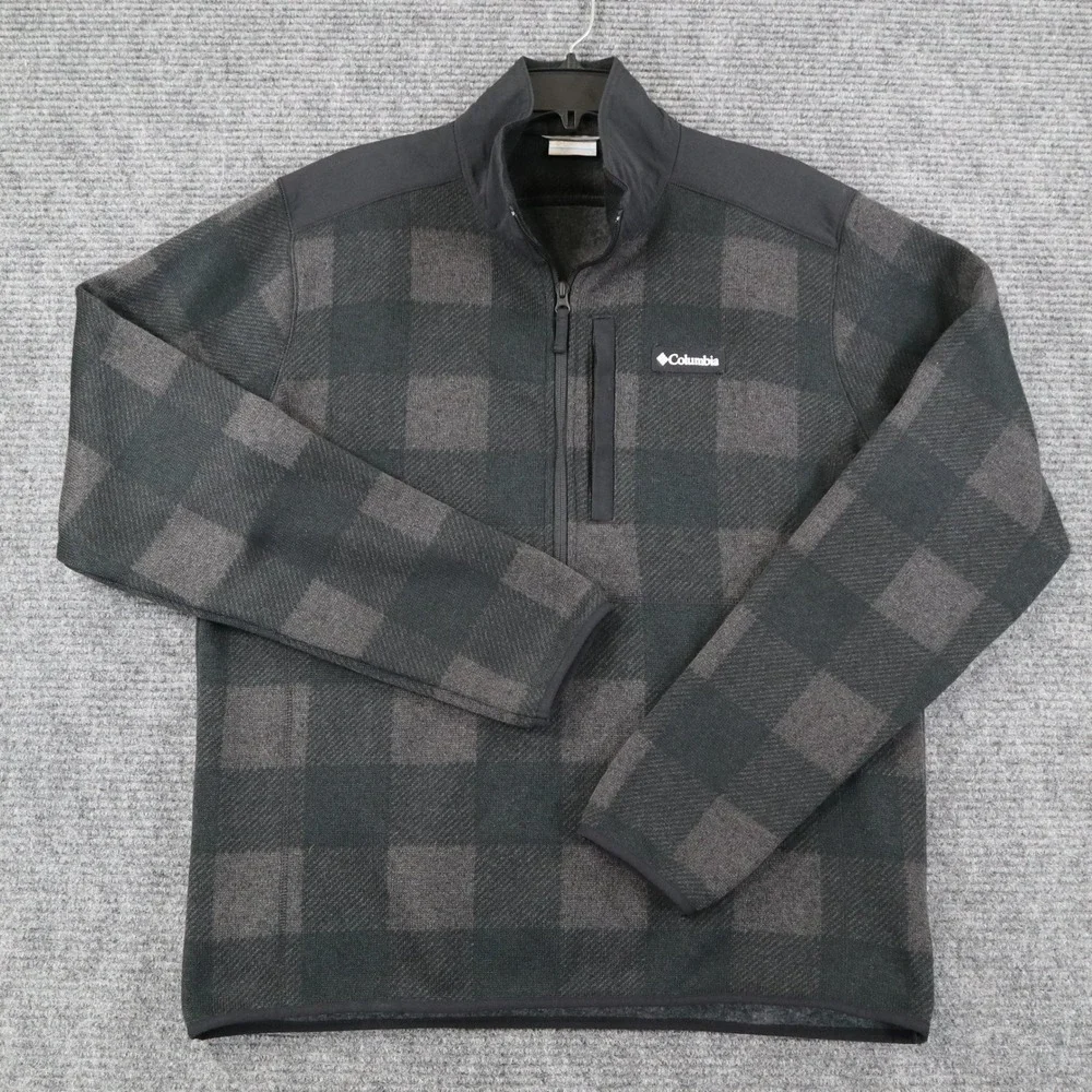 Columbia Buffalo Plaid Fleece Pullover Mens L Quarter Zip Grey Black Outdoor